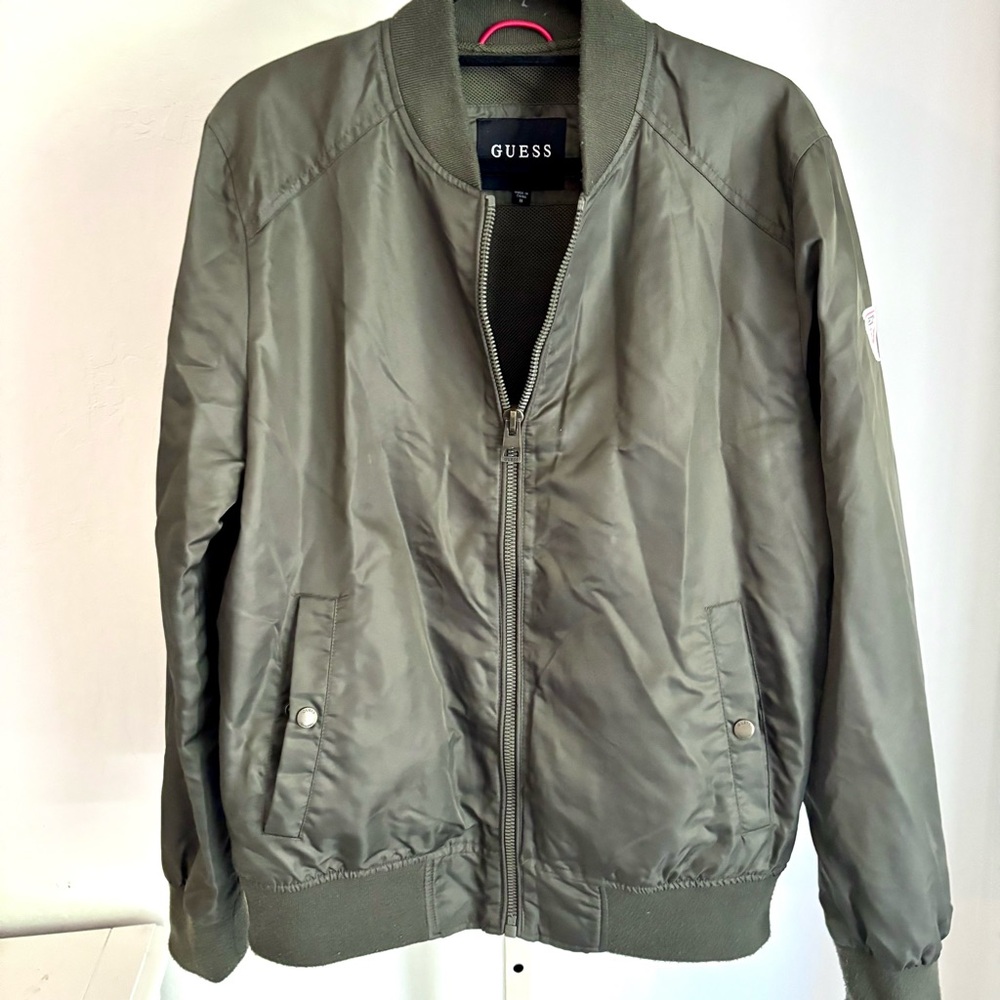 Guess Men’s Olive Green Embossed Logo Back Bomber Jacket, Size M